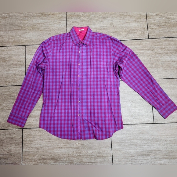 BUGATCHI Shaped Fit Purple And Pink Checkered Long Sleeve Button Shirt Size L - Picture 2 of 11